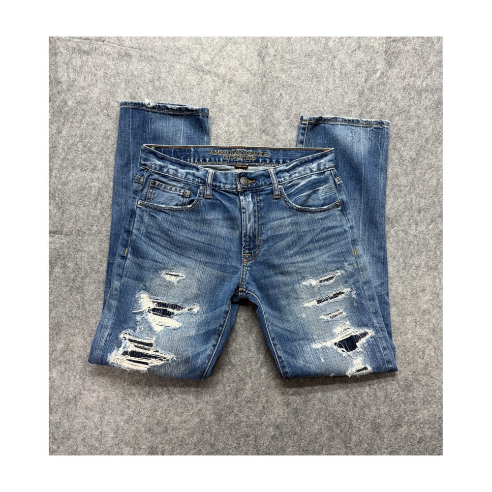 American Eagle Slim Boot Distressed Patchwork Jeans Mens 31x32 Blue Core Flex